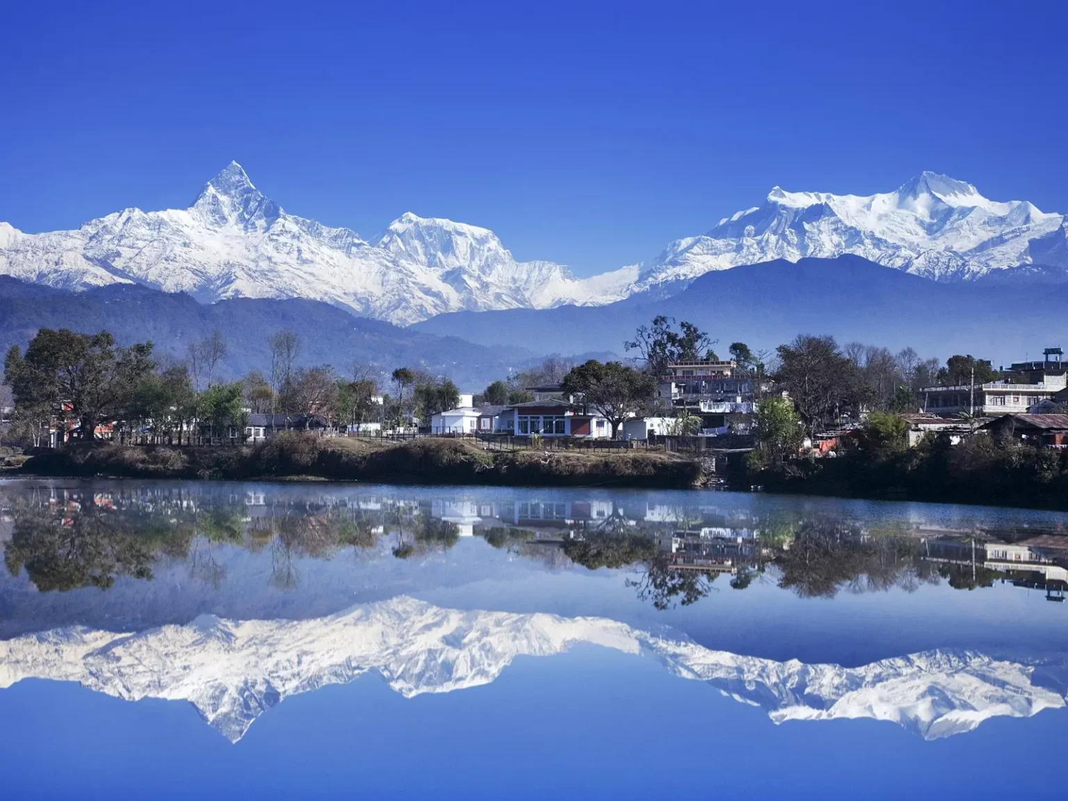 Phewa Lake and Himalayan mountains near Pokhara